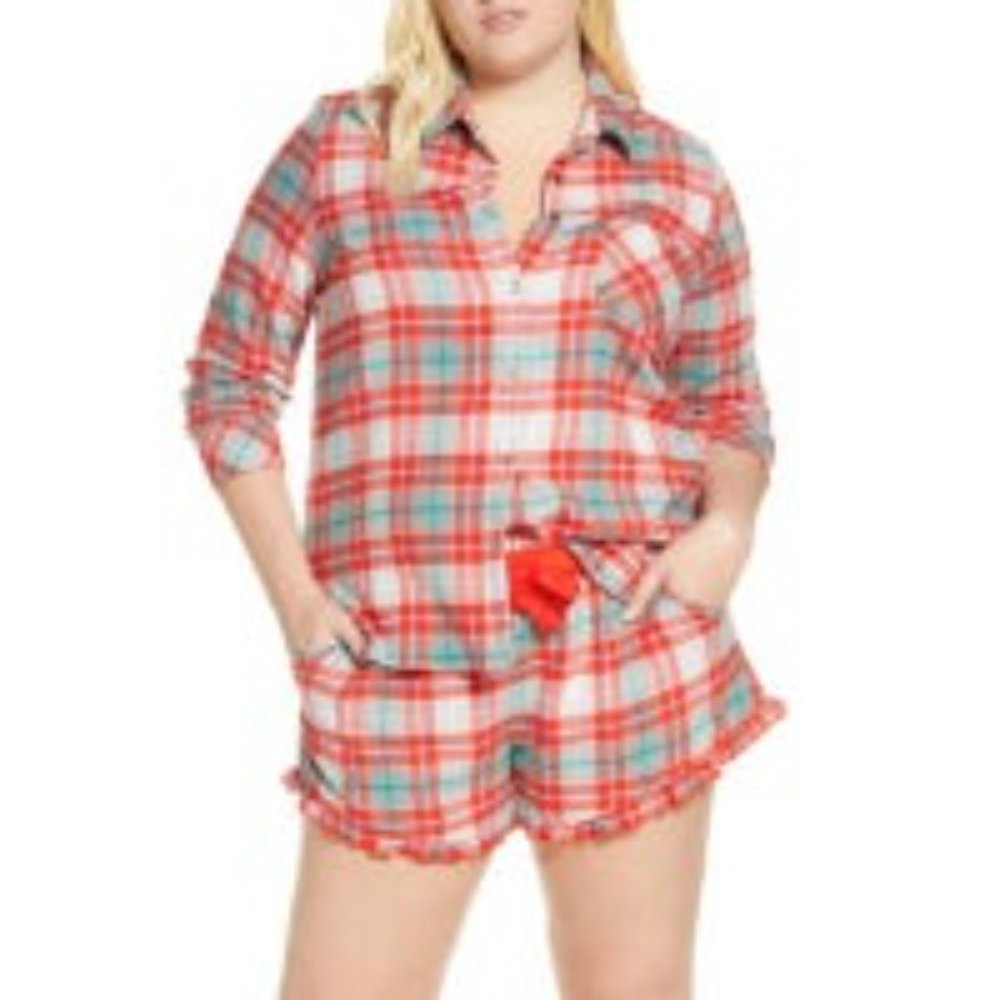 Nordstrom BP Flannel Short Pajama Set Red Plaid NWT